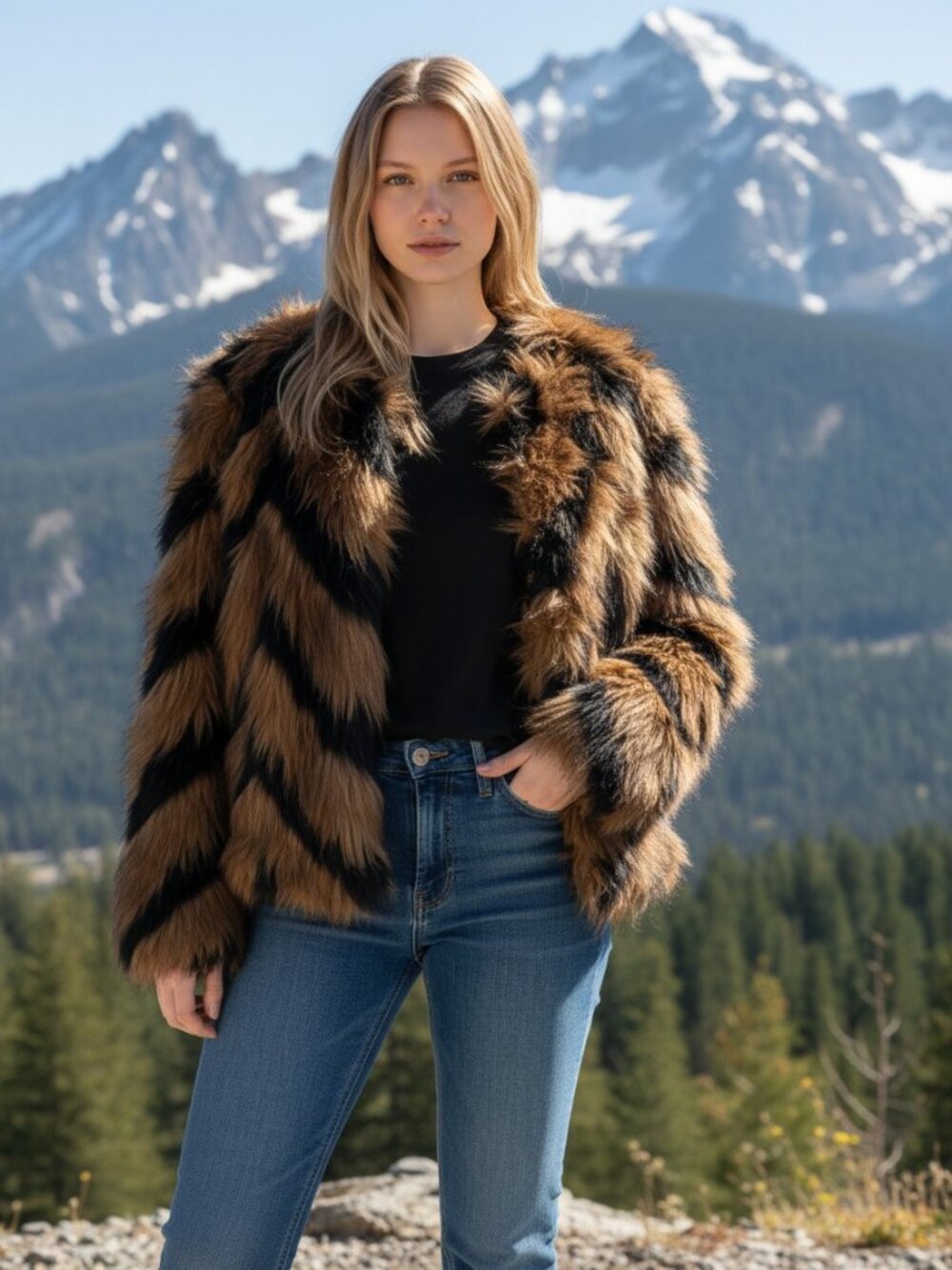 NWT Karl Lagerfeld Faux Fur Chevron Jacket Coat Brown Black